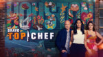 Three hosts of Top Chef in front of a mural of the show's title