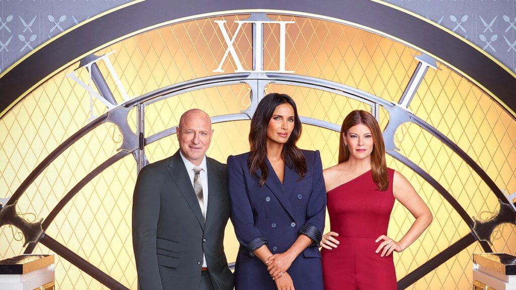 Top Chef Judges and Hosts in front of large clock