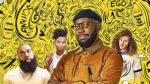 An artist with three figures behind him and a swirly yellow and black cartoon background