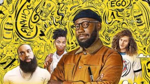 An artist with three figures behind him and a swirly yellow and black cartoon background