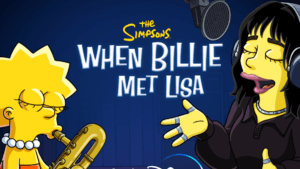 Animated character Lisa Simpson with an animated Billie Eilish