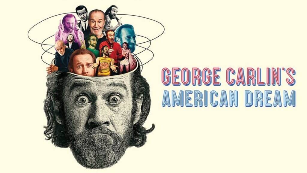 A collage showing a variety of George Carlin's persona coming out the top of his head
