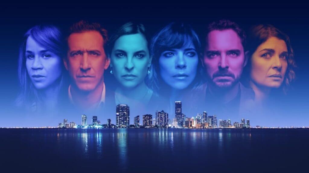 a collage of faces over a city skyline at night