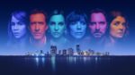 a collage of faces over a city skyline at night