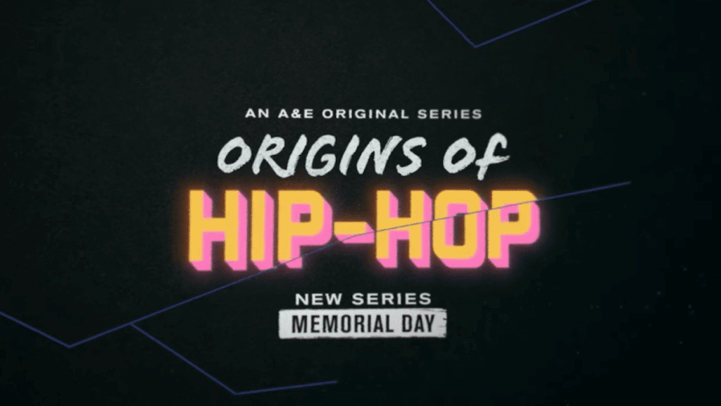 Text card for Origins of Hip Hop in pink and orange lettering 