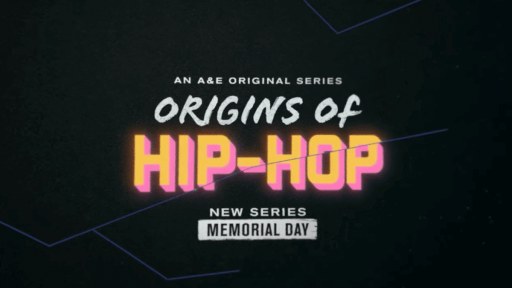 Text card for Origins of Hip Hop in pink and orange lettering