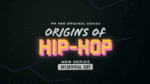 Text card for Origins of Hip Hop in pink and orange lettering