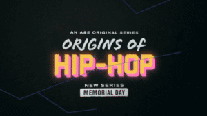 Text card for Origins of Hip Hop in pink and orange lettering