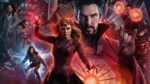 Superheroes in a fracturing of timelines with a woman in red center