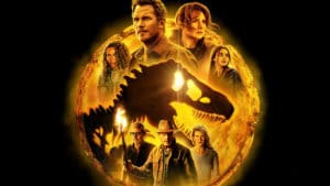 the cast of jurassic world dominion in an amber circle and the original dinosaur logo