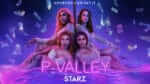 Four black strippers in the glow of purple neon
