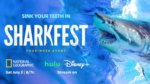 Logo and broadcast information for Sharkfest next to image of shark with mouth open