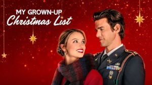 A pretty woman and a soldier look lovingly with christmas stars behind them