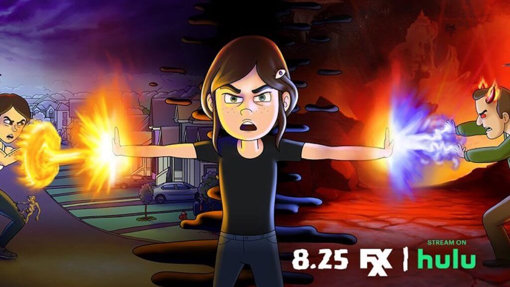 Animated image of a girl standing between two adults shooting fire at each other.