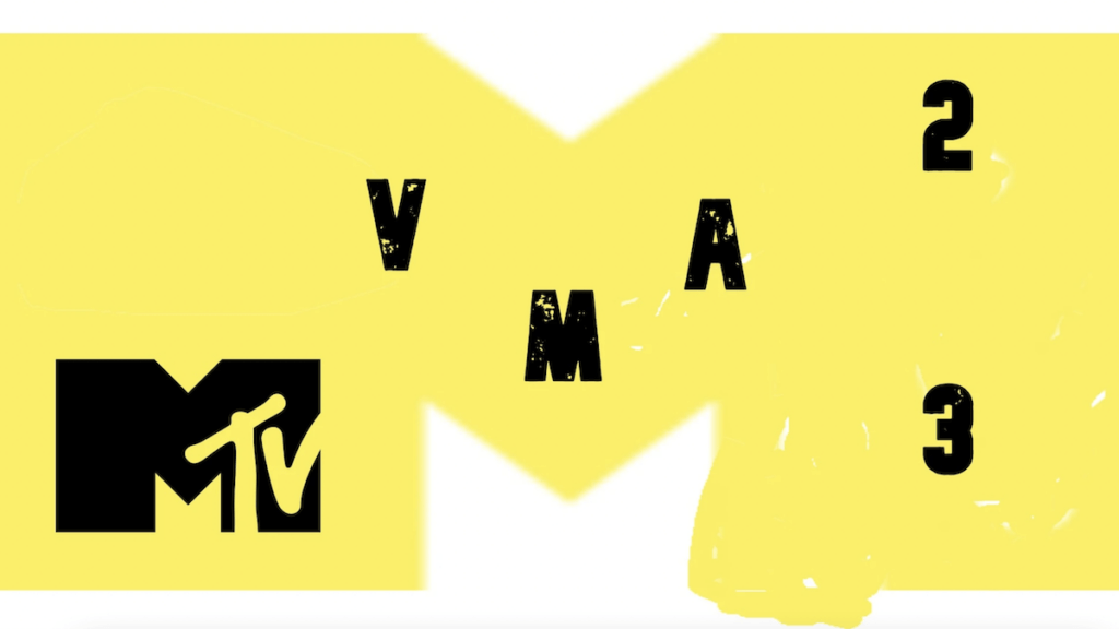 Large yellow M with MTV logo and VMA 23 on it in black