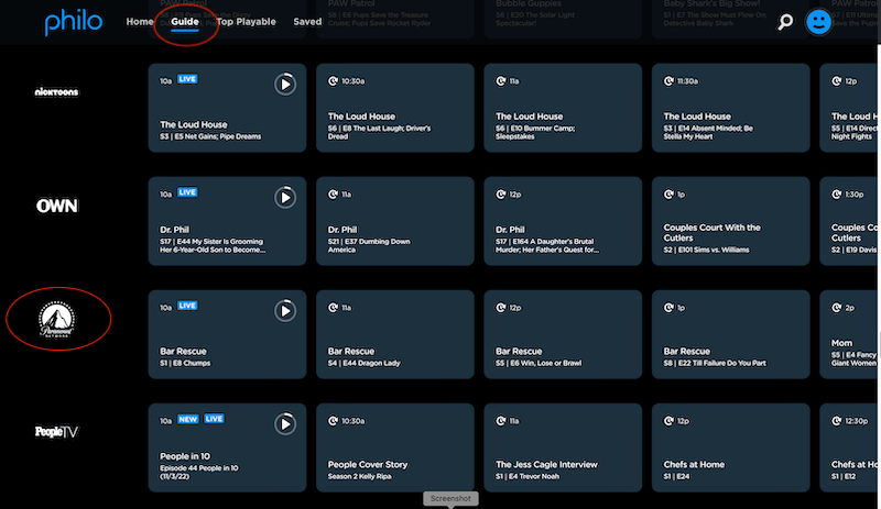 paramount network in Philo's live tv guide