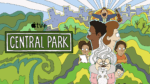 A psychedelic portrait of a group of animated characters over central park