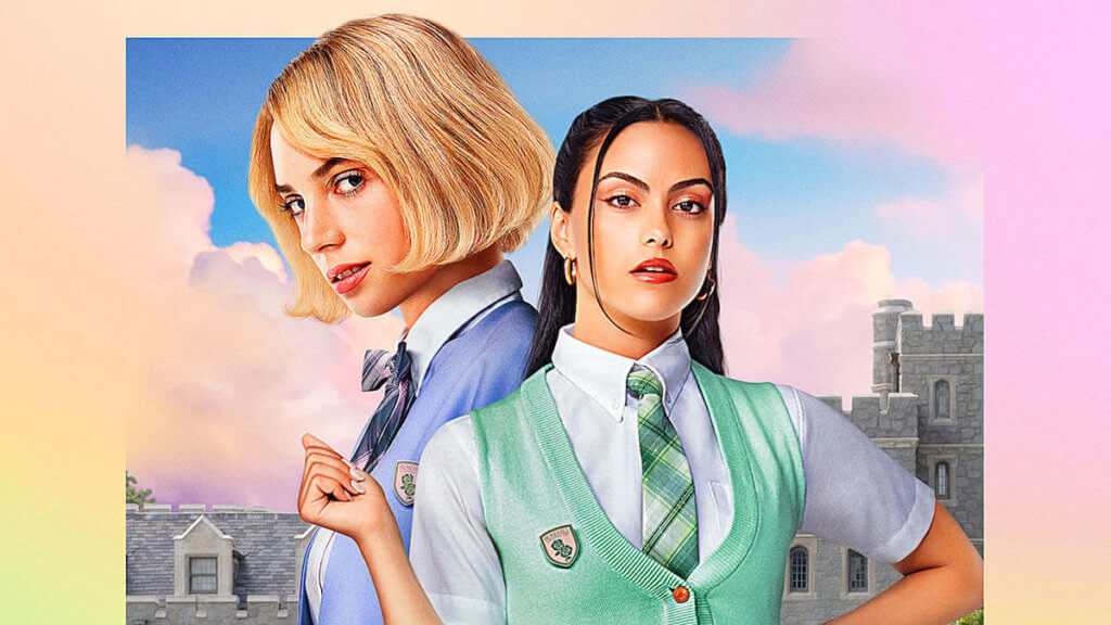 Two preppy teen girls in candy colored school uniforms