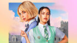 Two preppy teen girls in candy colored school uniforms