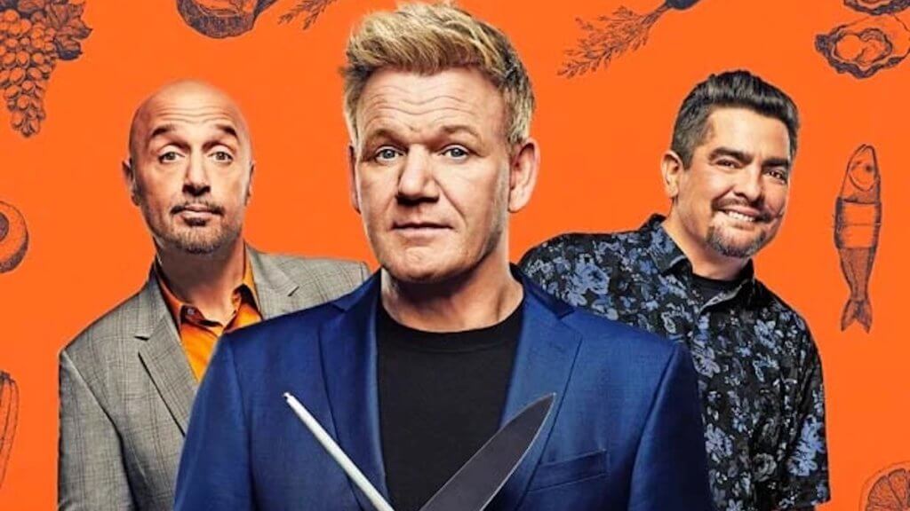 Host Gordon Ramsey and two chef judges in front of an orange background