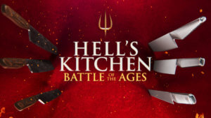 Show logo on red background surrounded by knives