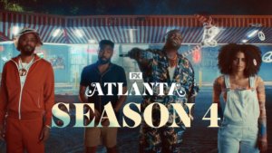 Four lead stars of Atlanta in a parking lot with one holding a gun