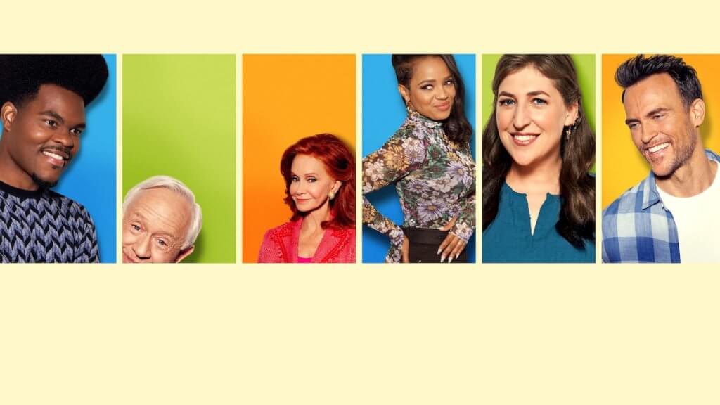 A collage of six people in bright colored squares