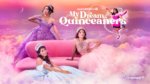 Three teen girls in puffy dresses on a pink couch in the clouds
