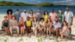 A group of Survivor season 44 contestants gathered on a tropical beach