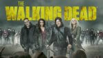 FInal 4 surviving leads in front of a montage of characters and facing line of zombies