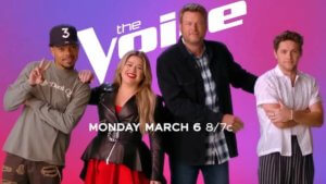 Four major recording artists in front of show logo and pink background