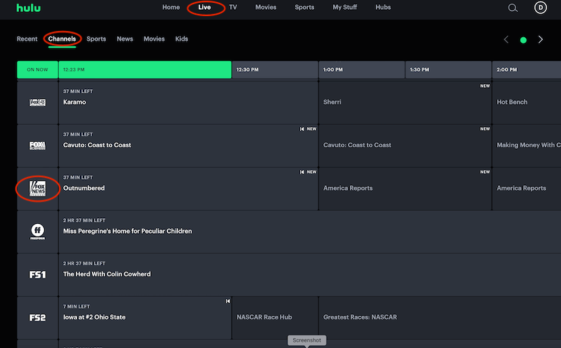 Fox News on Hulu Live TV Menu