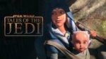 Animated image of a Jedi with a baby strapped to her chest