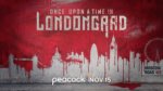 Spray painted mural of London skyline in Soviet manner of street art and lettering