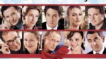 A group of famous stars headshots tied with red Christmas ribbon