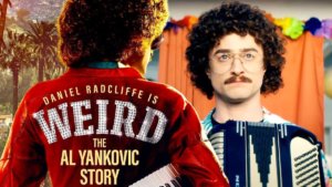 The glittering back of Weird Al's jacket in front of a younger version of himself with an accordion