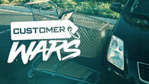 Show logo over a picture of a shopping car rammed against a parked car