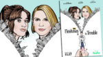 A cartoon depiction of two women behind an opening zipper