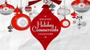 White background with illustrations of red and white holiday ornaments