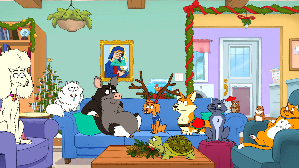 A group of animated pets lounging in a holiday decorated living room