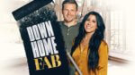 A couple behind a real estate banner featuring the show title