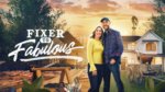 A couple stands in front of a pile of rough construction on one side and an updated farmhouse on the other