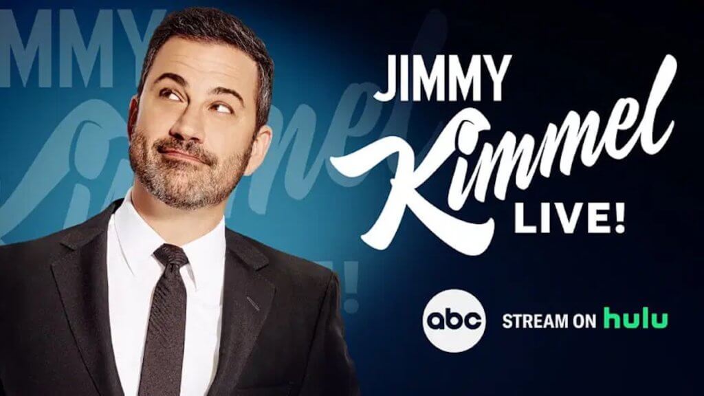 Comedian and late-night host Jimmy Kimmel next to his show logo.