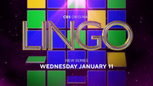 Game show logo for Lingo on a background of bright colored squares