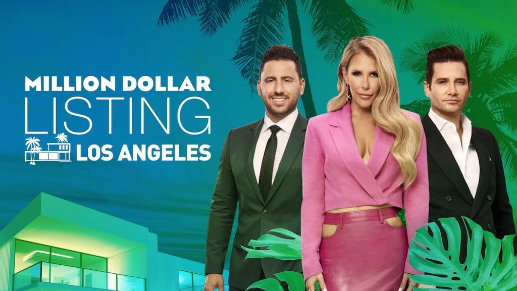Three posh real estate agents in front of a colorful graphic depicting los angeles palm trees and house
