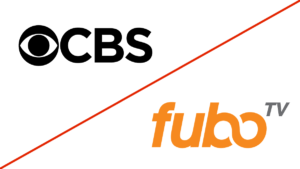 cbs logo and fuboTV logo separated by a diagonal line