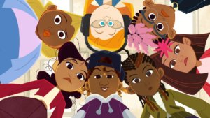 a group of animated faces in a circle looking down at the camera