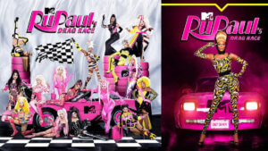 A group of drag queens in race colors on sports cars