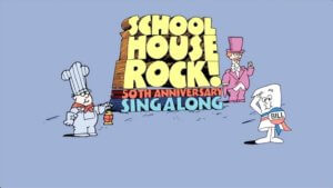 Vintage logo and characters for Schoolhouse Rock with the added tag of 50th Anniversary Singalong