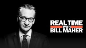 Comedian Bill Maher in a black and white photo and his talk show logo